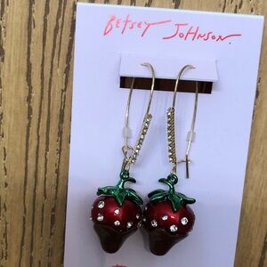 Betsey Johnson Chocolate Dipped Red Strawberry Drop Earrings Crystal Accents NWT